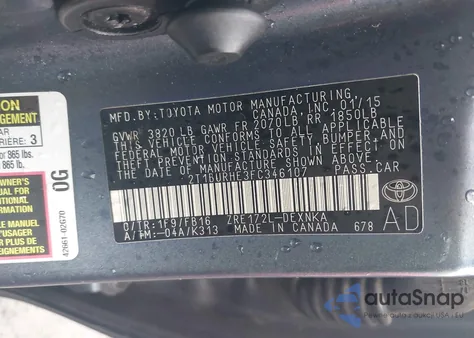 2015 Toyota Corolla Le from USA, damaged, VIN 2T1BURHE3FC346107